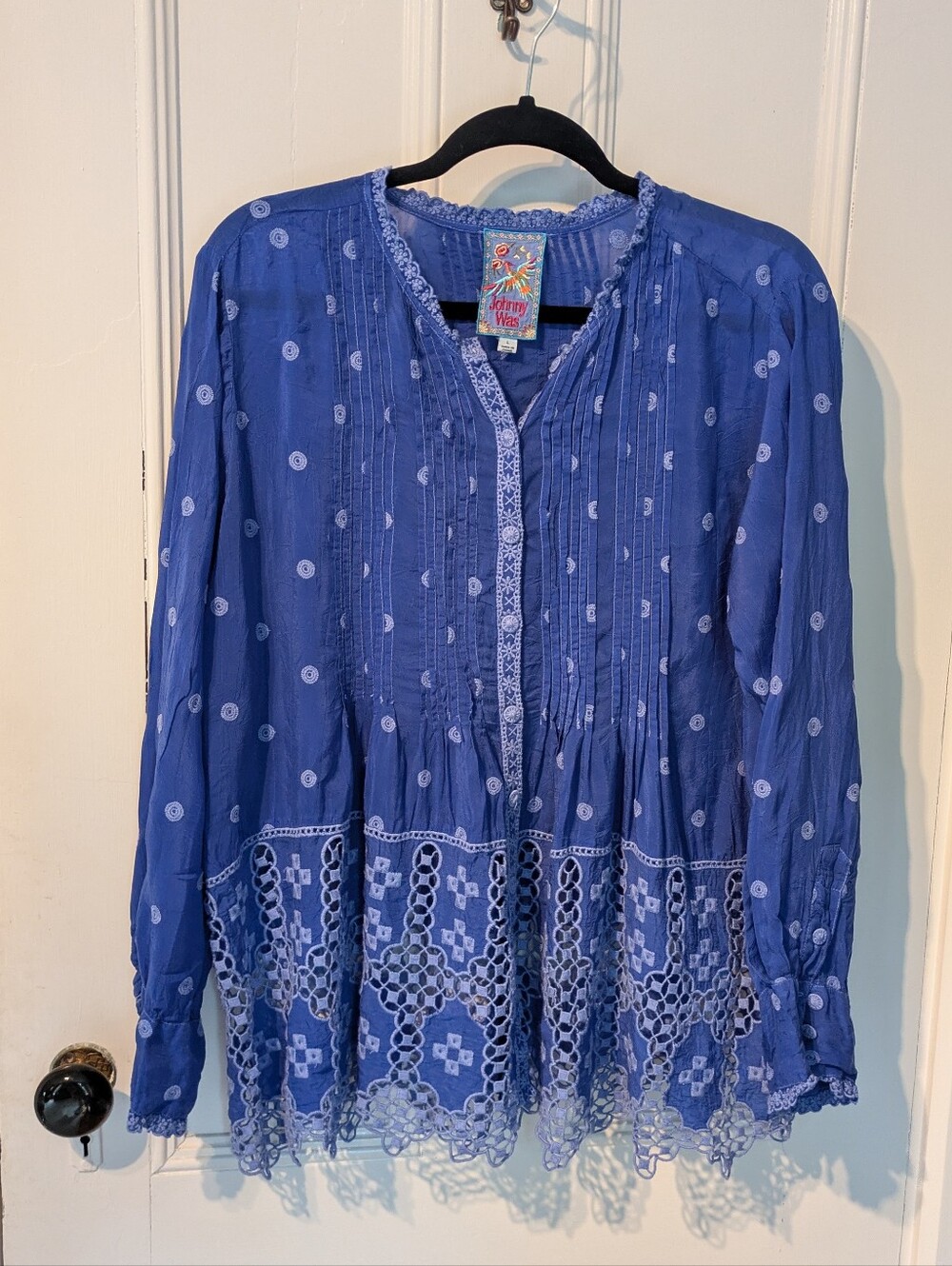 L Johnny Was Tonal Cobalt Blue Embroidered Button Long Sleeve Tunic Blouse